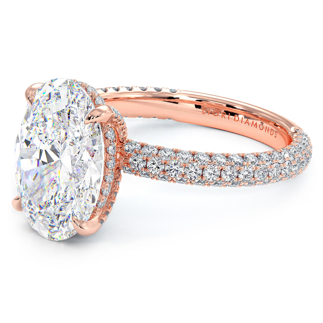 4.95ctw GIA Certified F-VS1 Oval Cut Trio Micropavé Lab Grown Diamond Engagement Ring set in 18k Rose Gold