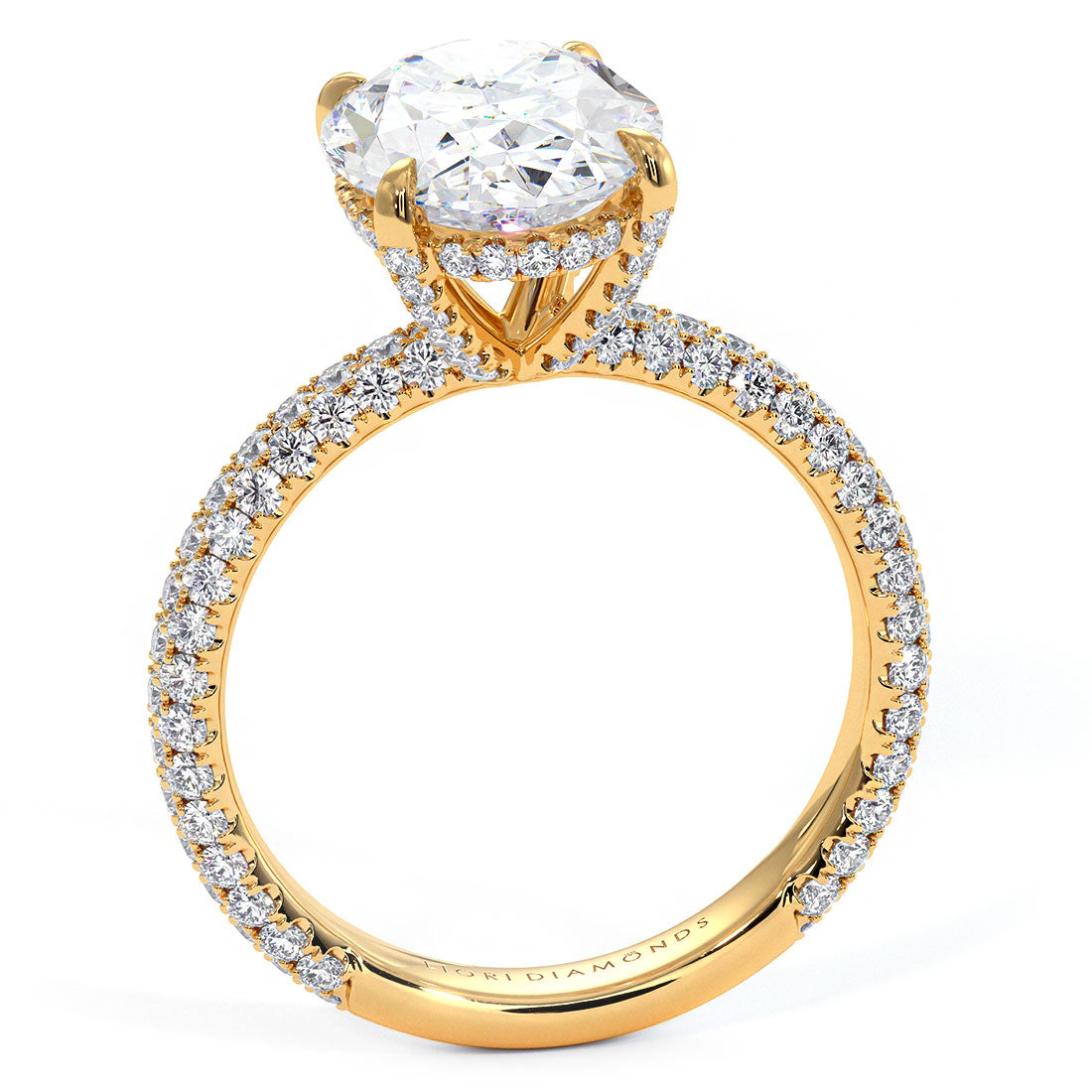 4.95ctw GIA Certified F-VS1 Oval Cut Trio Micropavé Lab Grown Diamond Engagement Ring set in 18k Yellow Gold