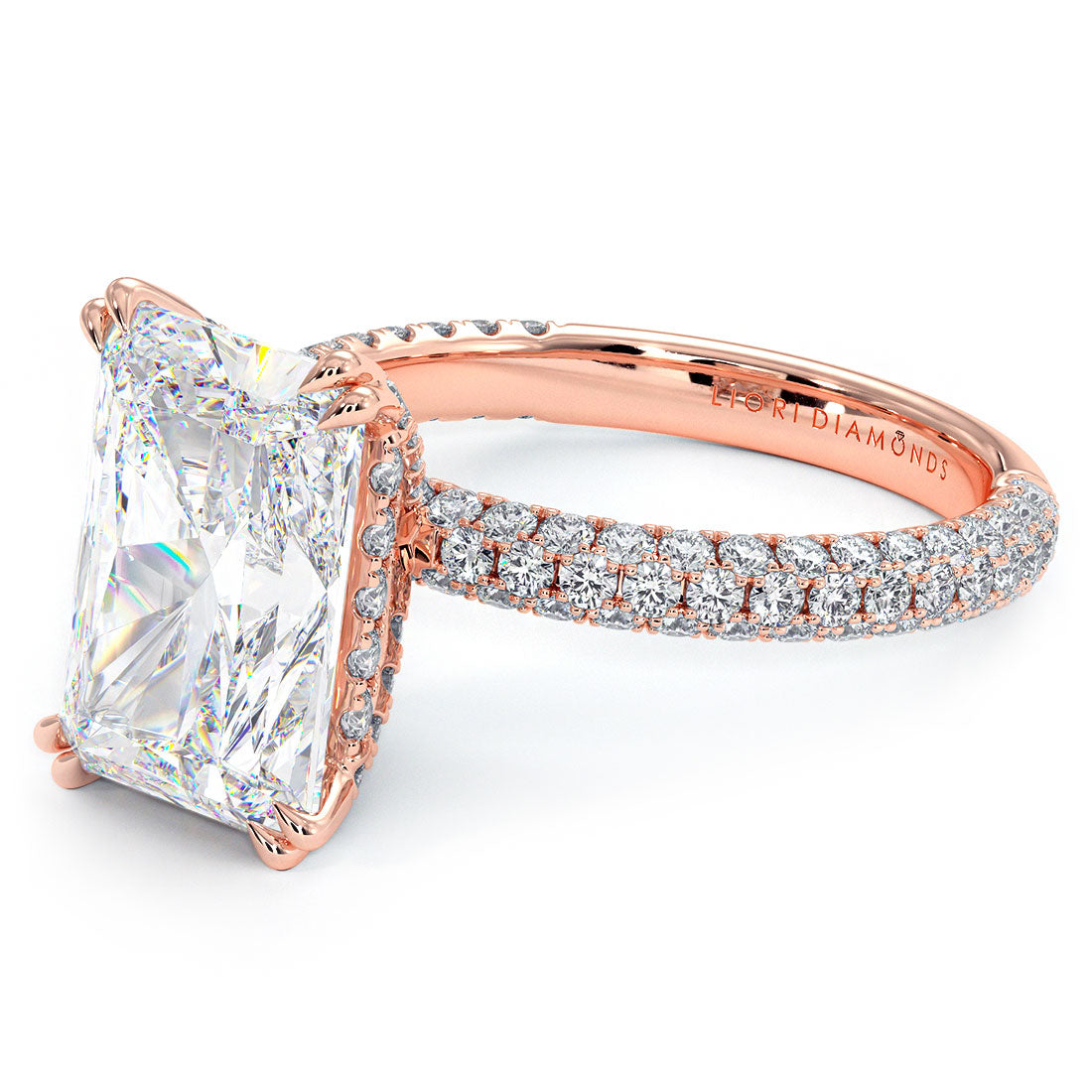 4.60ctw GIA Certified E-VS1 Radiant Cut Trio Micropavév Lab Grown Diamond Engagement Ring set in 18k Rose Gold