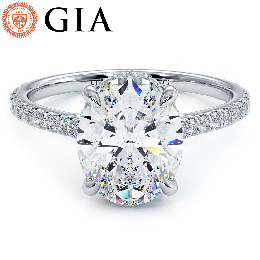 2.55ctw GIA Certified Oval Cut Petite Micropavé Lab Grown Diamond Engagement Ring set in 14k White Gold