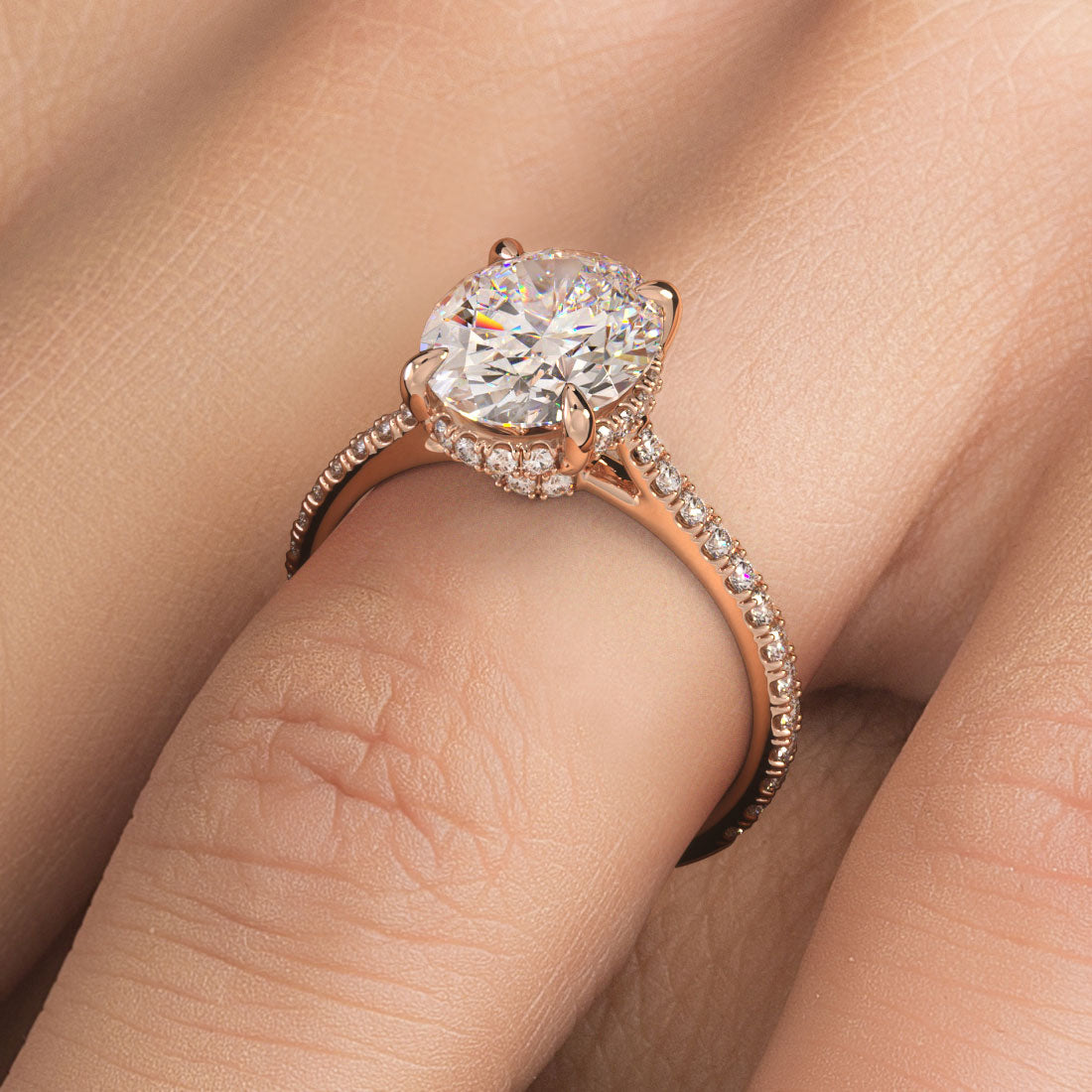 2.55ctw GIA Certified Oval Cut Petite Micropavé Lab Grown Diamond Engagement Ring set in 14k Rose Gold