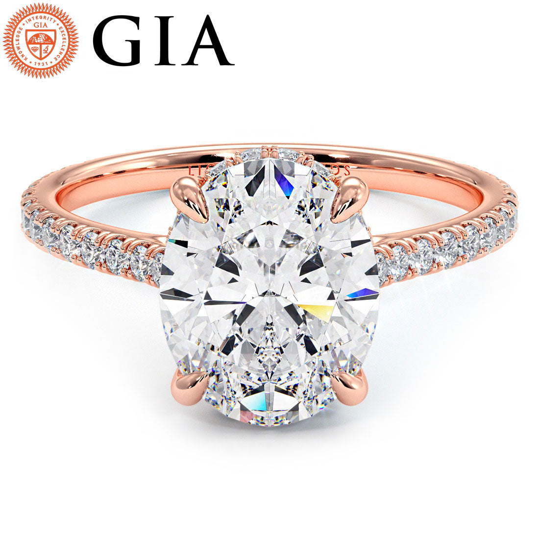 2.55ctw GIA Certified Oval Cut Petite Micropavé Lab Grown Diamond Engagement Ring set in 14k Rose Gold