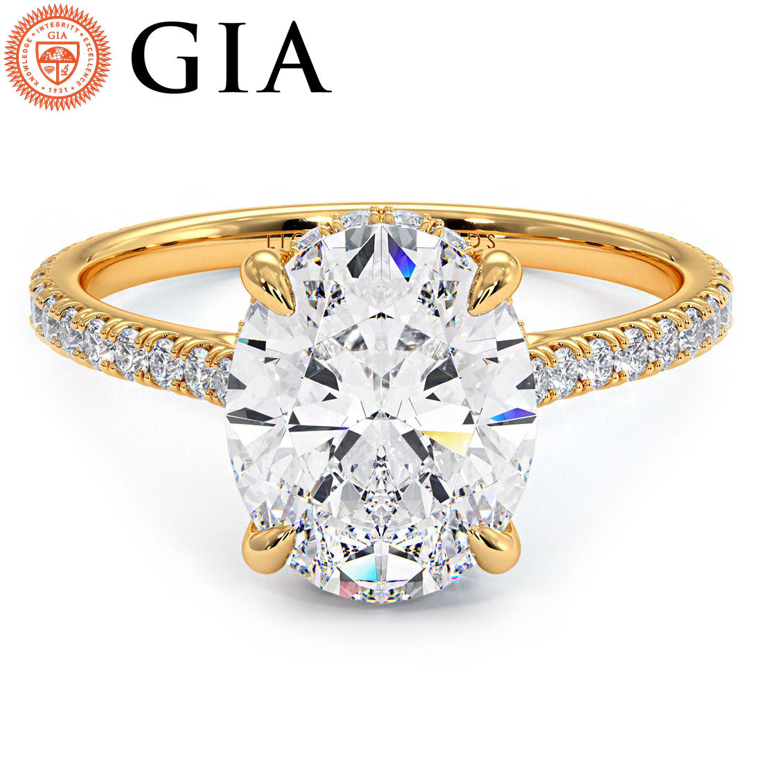 2.55ctw GIA Certified Oval Cut Petite Micropavé Lab Grown Diamond Engagement Ring set in 14k Yellow Gold
