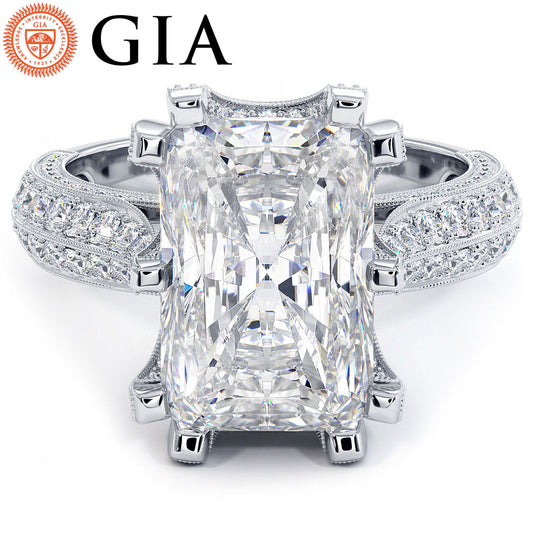 5.54ctw GIA Certified E-VS1 Radiant Cut Milgrain Vintage Style Lab Grown Diamond Engagement Ring set in 18k White Gold