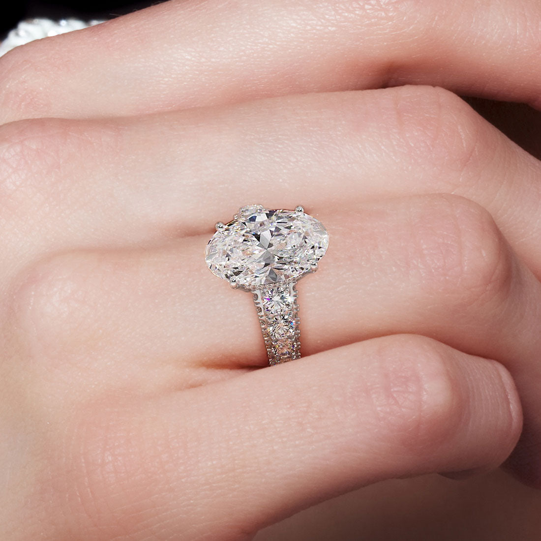 6.08ctw GIA Certified Oval Cut Micropavé Graduated 3D Shank Lab Grown Diamond Engagement Ring set in 18k White Gold