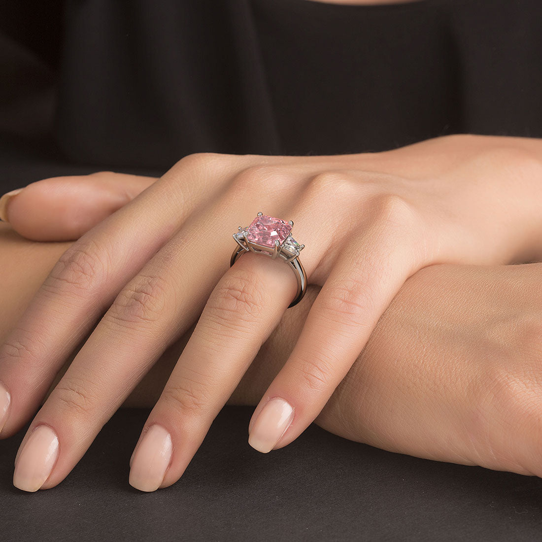 6.55ctw Fancy Intense Pink Asscher Cut Lab Grown Diamond Engagement Ring set in Platinum