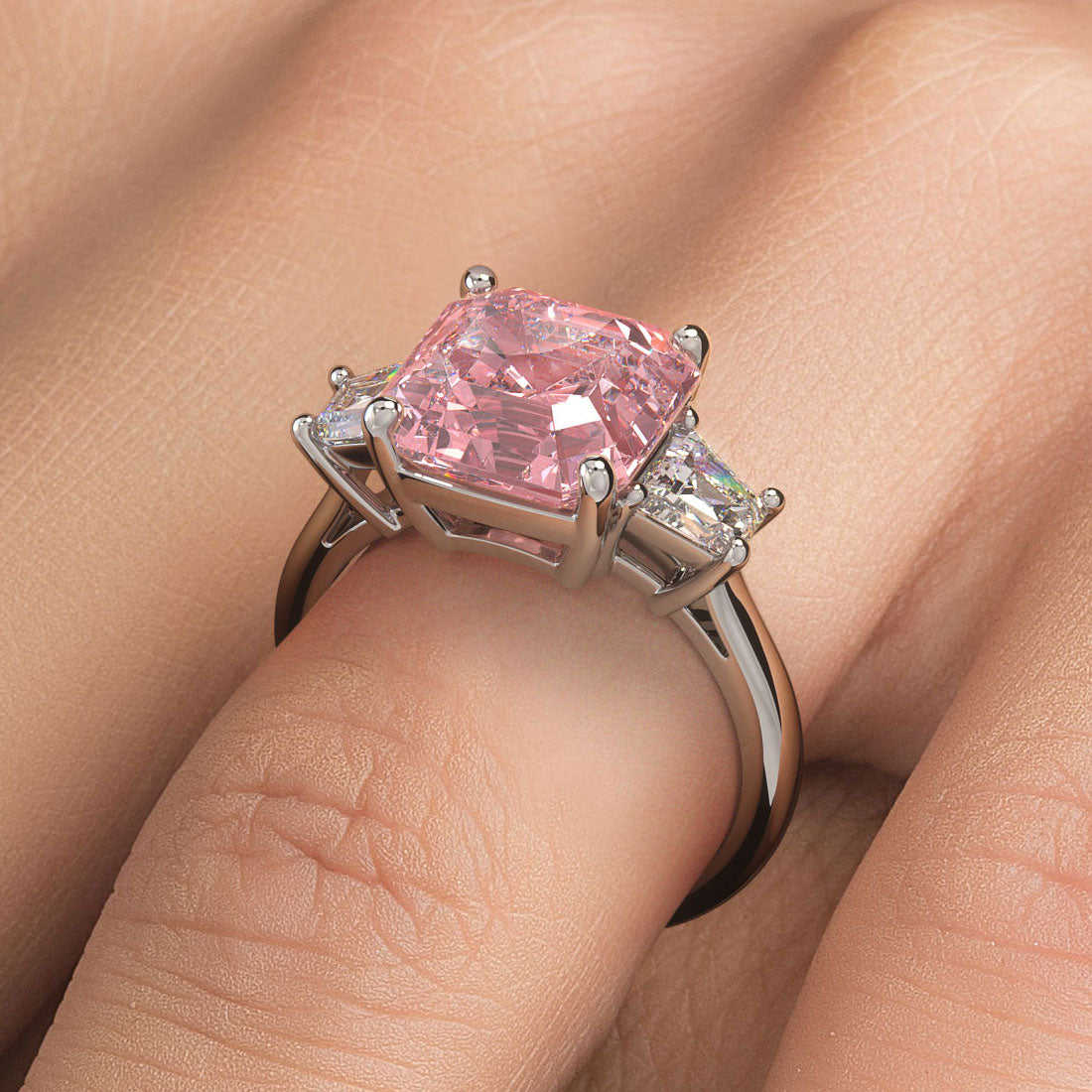 6.55ctw Fancy Intense Pink Asscher Cut Lab Grown Diamond Engagement Ring set in Platinum