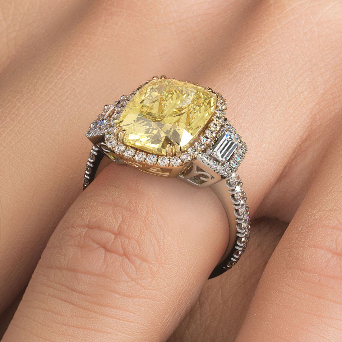 10.55ctw Fancy Yellow Cushion Cut Vintage Style Lab Grown Diamond Engagement Ring 14k White Gold