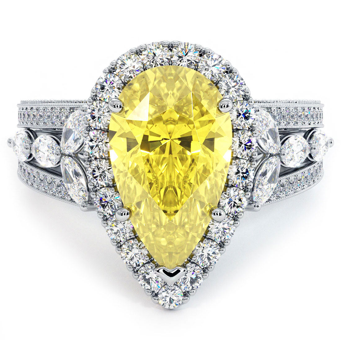 7.11ctw Fancy Yellow Pear Shape Vintage Style Lab Grown Diamond Engagement Ring 14k White Gold