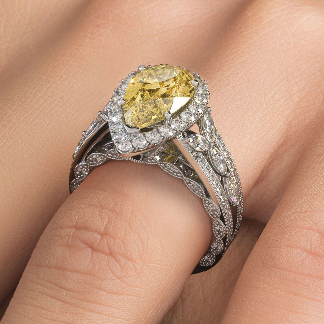 7.11ctw Fancy Yellow Pear Shape Vintage Style Lab Grown Diamond Engagement Ring 14k White Gold