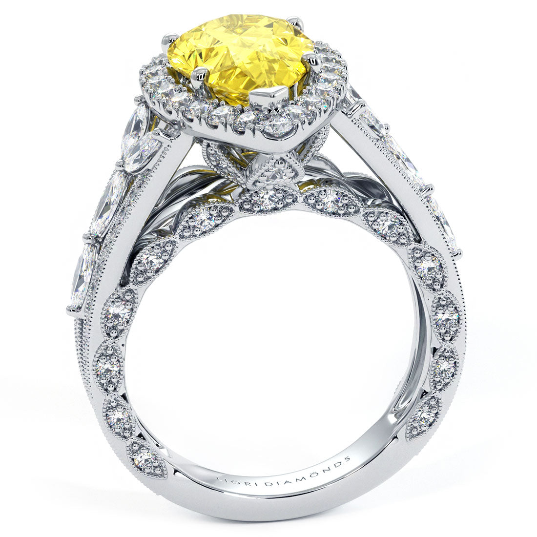 7.11ctw Fancy Yellow Pear Shape Vintage Style Lab Grown Diamond Engagement Ring 14k White Gold