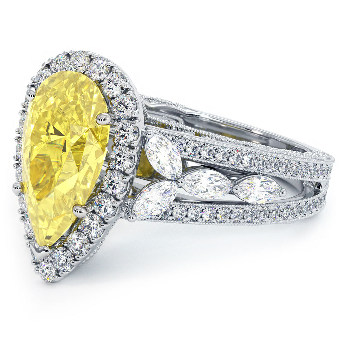 7.11ctw Fancy Yellow Pear Shape Vintage Style Lab Grown Diamond Engagement Ring 14k White Gold