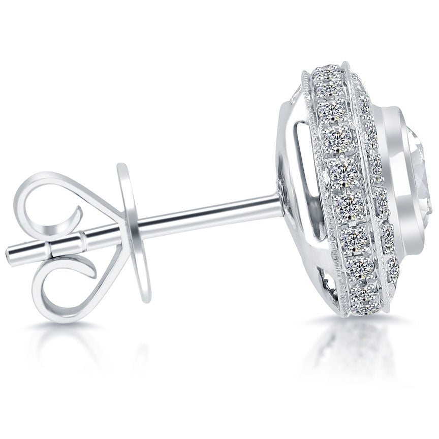 2.00ctw Bezel set Pave Halo Diamond Studs Earrings 14k White Gold