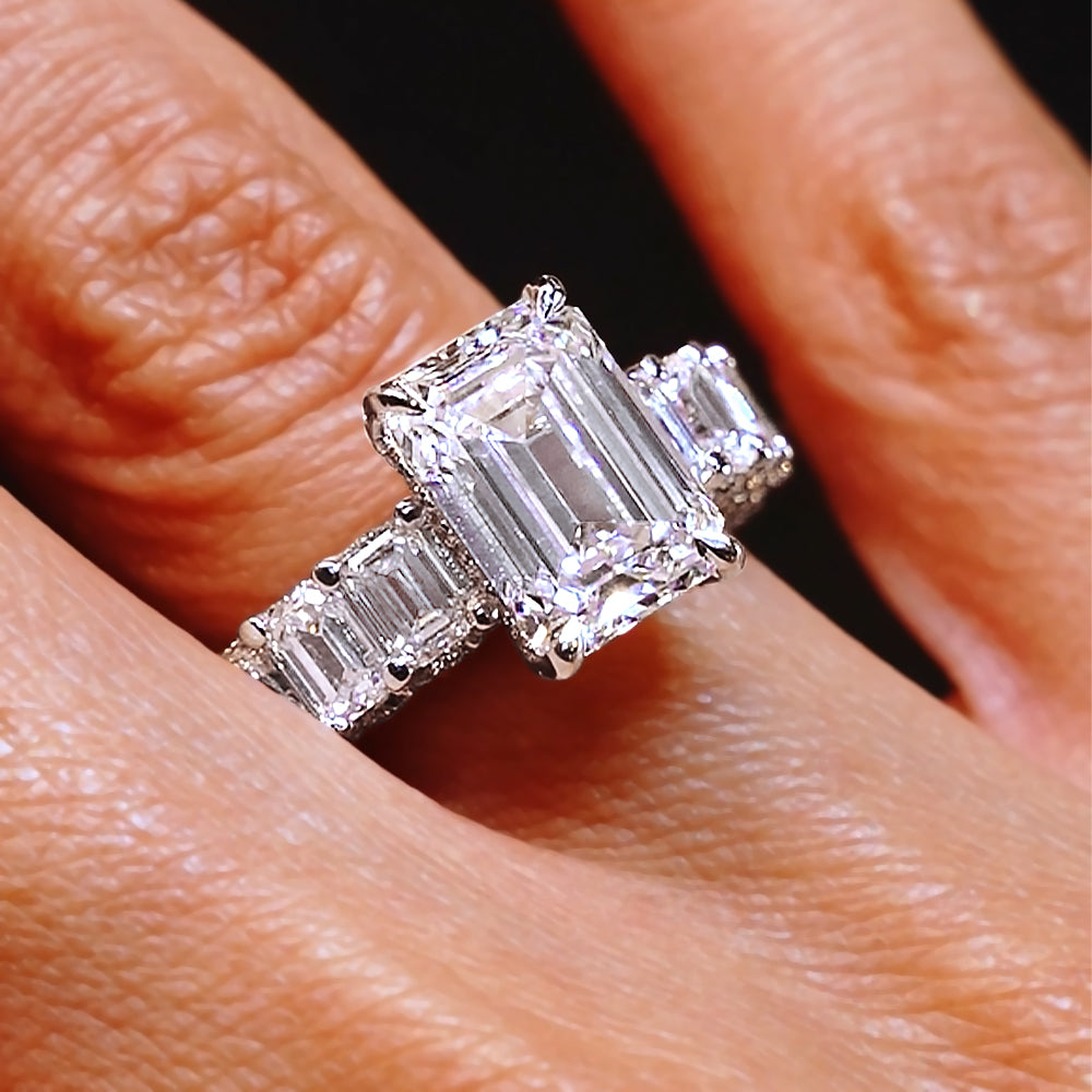 10.73ctw GIA Certified E-VVS2 Emerald Cut Micropavé Lucida Set Lab Grown Diamond Engagement Ring set in 14k White Gold