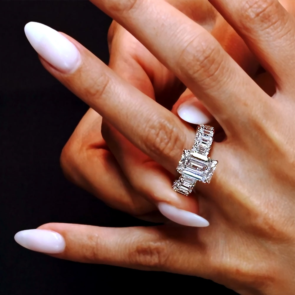 10.73ctw GIA Certified E-VVS2 Emerald Cut Micropavé Lucida Set Lab Grown Diamond Engagement Ring set in 14k White Gold