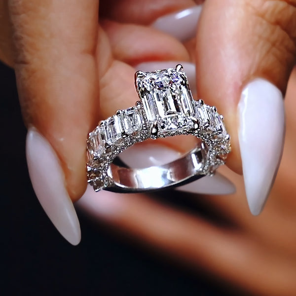10.73ctw GIA Certified E-VVS2 Emerald Cut Micropavé Lucida Set Lab Grown Diamond Engagement Ring set in 14k White Gold