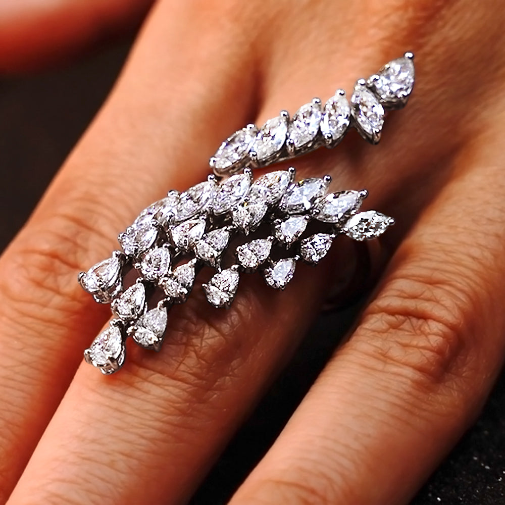 6.22 Marquise & Pear Shape Diamond Elongated Cocktail Ring set in 14k White Gold