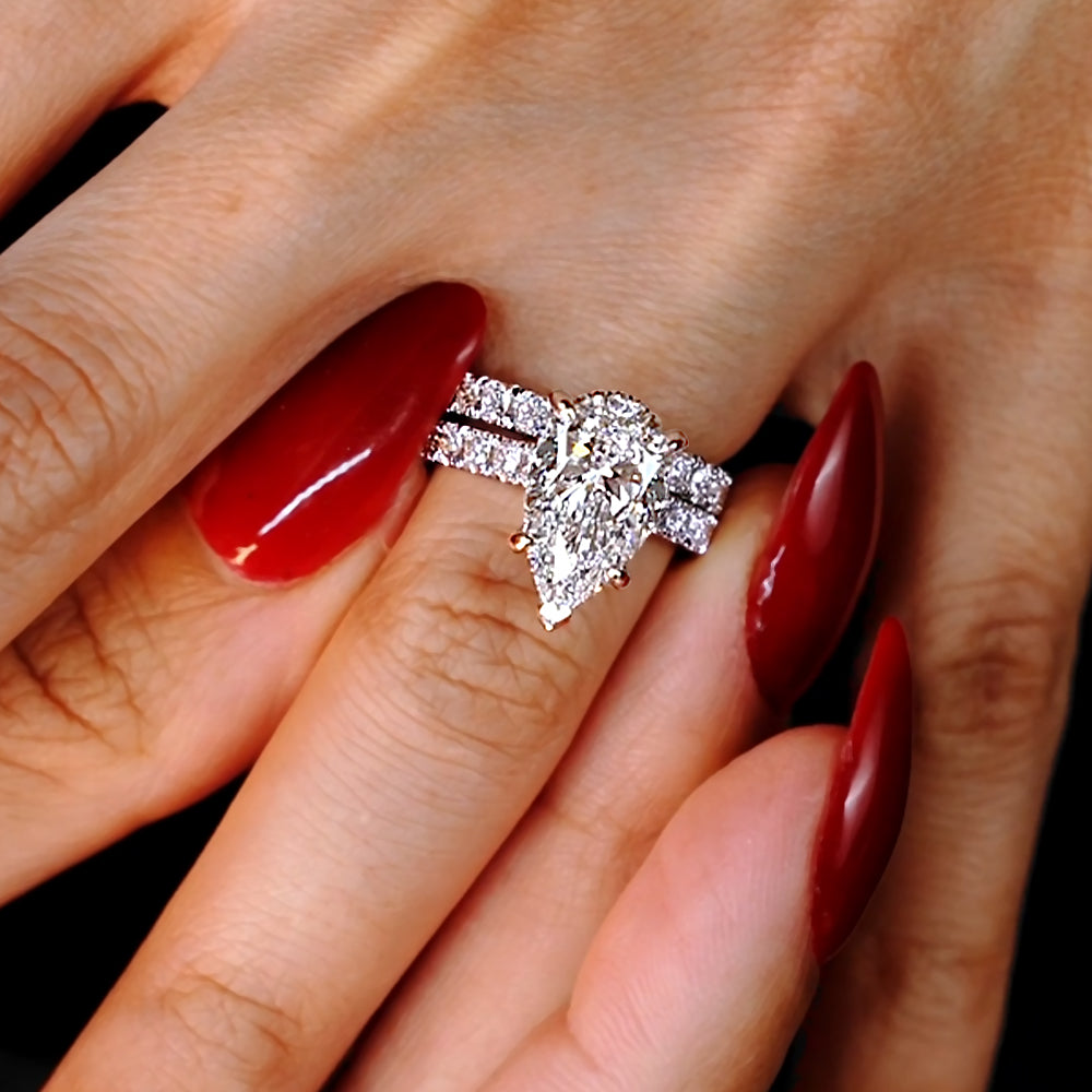6.10ctw Pear Shape Eternity Matching Set Lab Grown Diamond Engagement Ring set in 14k White Gold