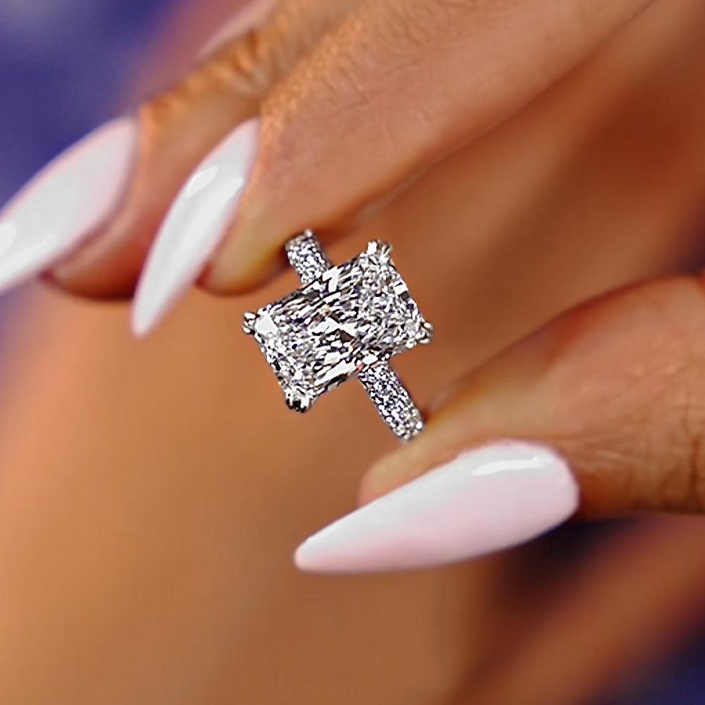 5.03ctw GIA Certified E-VVS1 Radiant Cut Trio Micropavév Lab Grown Diamond Engagement Ring set in 14k White Gold