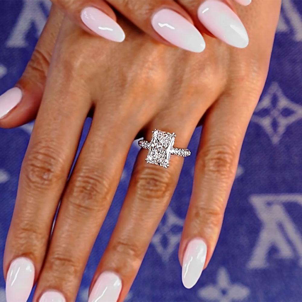 5.03ctw GIA Certified E-VVS1 Radiant Cut Trio Micropavév Lab Grown Diamond Engagement Ring set in 14k White Gold