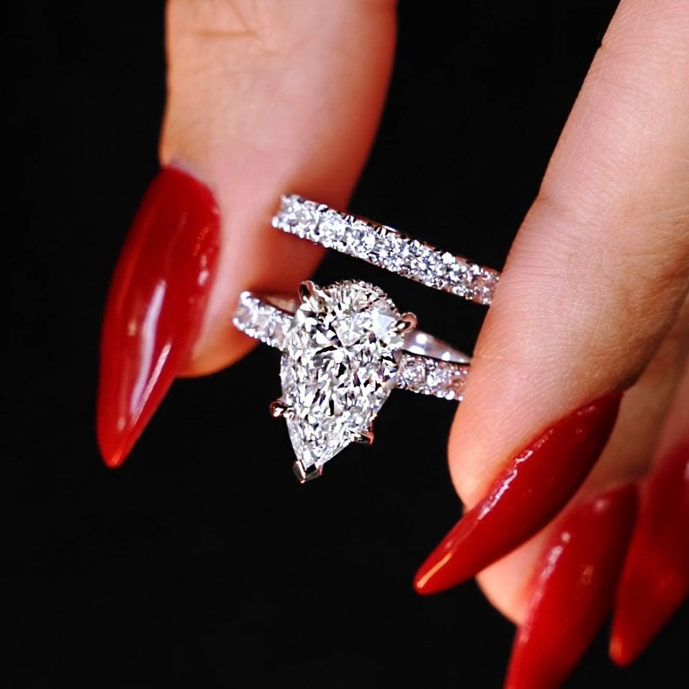 6.10ctw Pear Shape Eternity Matching Set Lab Grown Diamond Engagement Ring set in 14k White Gold