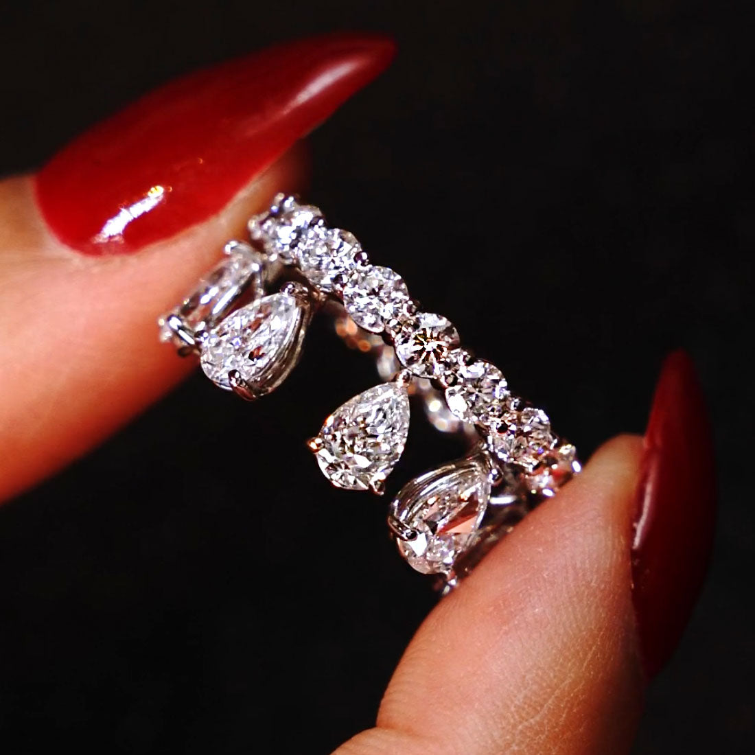 5.24ctw Pear Shape & Round Brilliant Diamond Eternity Cocktail Ring set in 14k White Gold