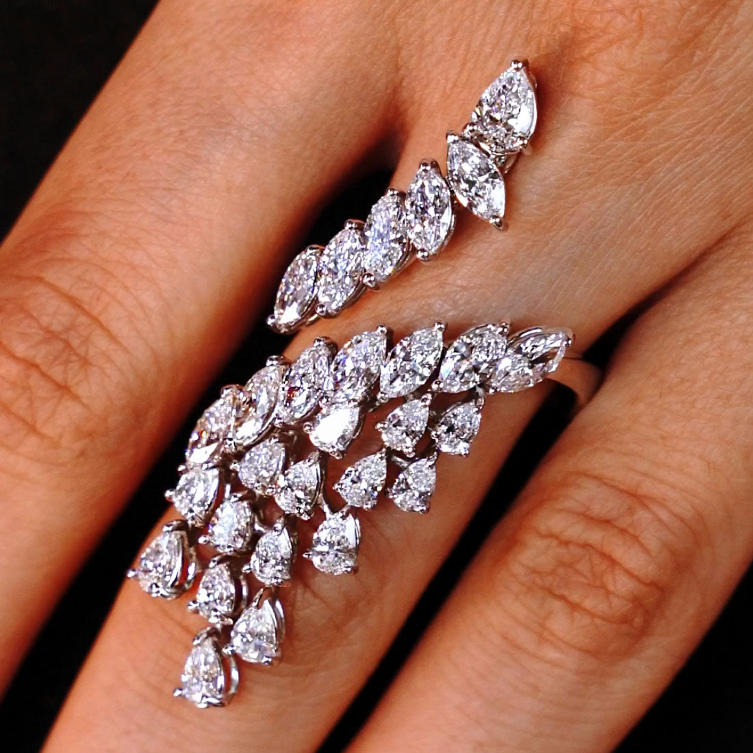 6.22 Marquise & Pear Shape Diamond Elongated Cocktail Ring set in 14k White Gold