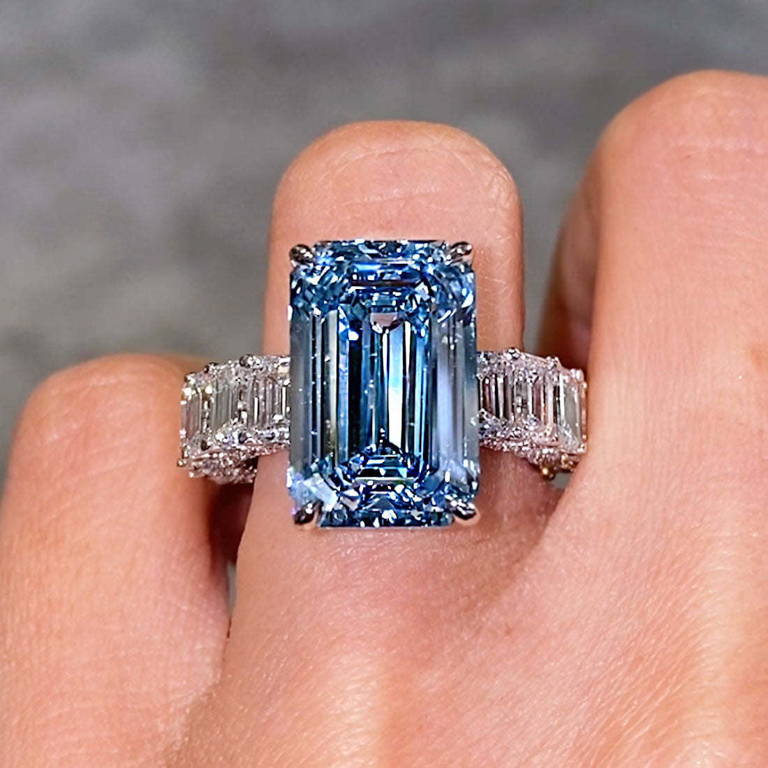 16.36ctw Fancy Blue Emerald Cut Micropavé Lucida Set Lab Grown Diamond Engagement Ring set in 14k White Gold