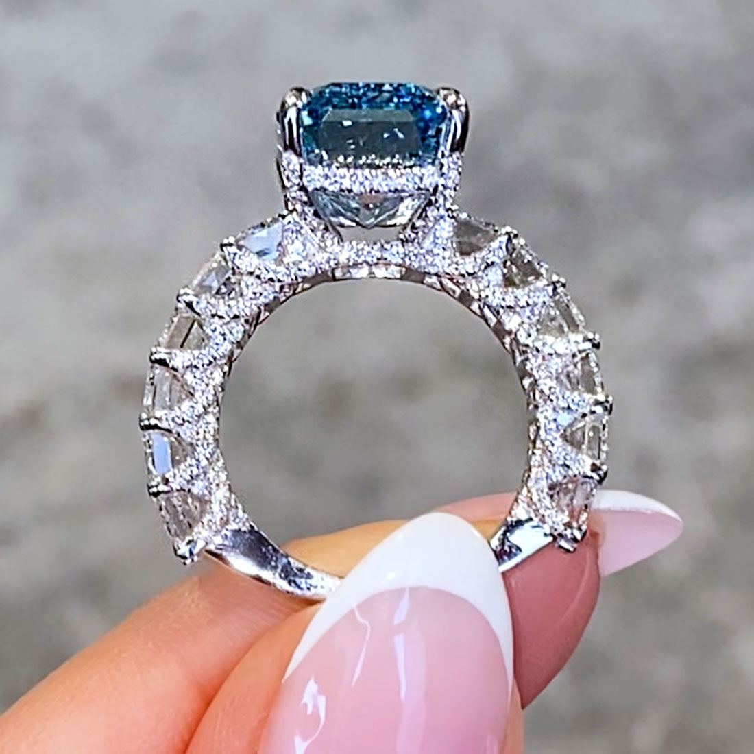 16.36ctw Fancy Blue Emerald Cut Micropavé Lucida Set Lab Grown Diamond Engagement Ring set in 14k White Gold
