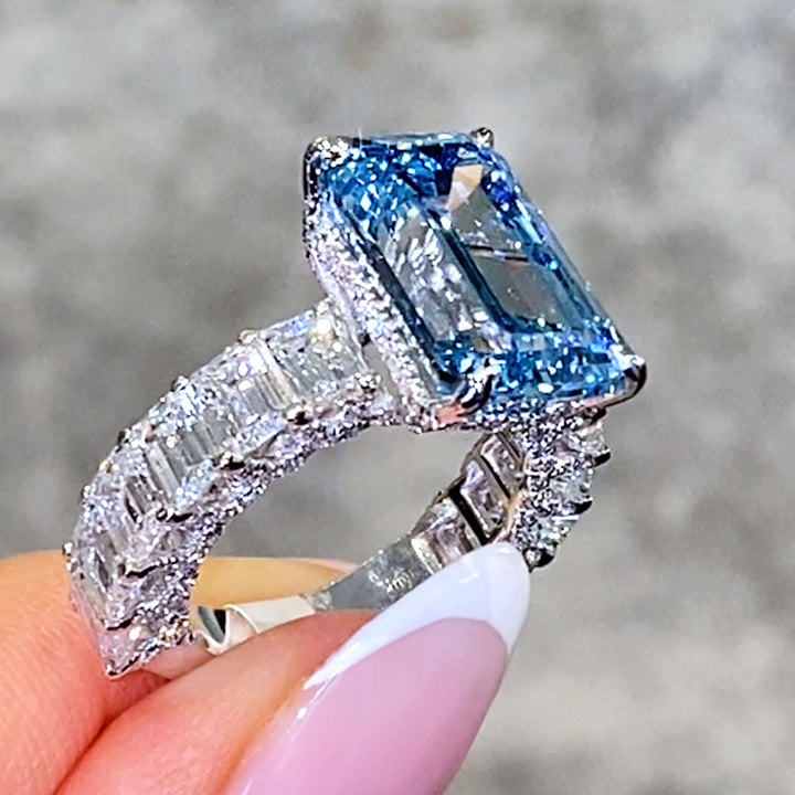 16.36ctw Fancy Blue Emerald Cut Micropavé Lucida Set Lab Grown Diamond Engagement Ring set in 14k White Gold