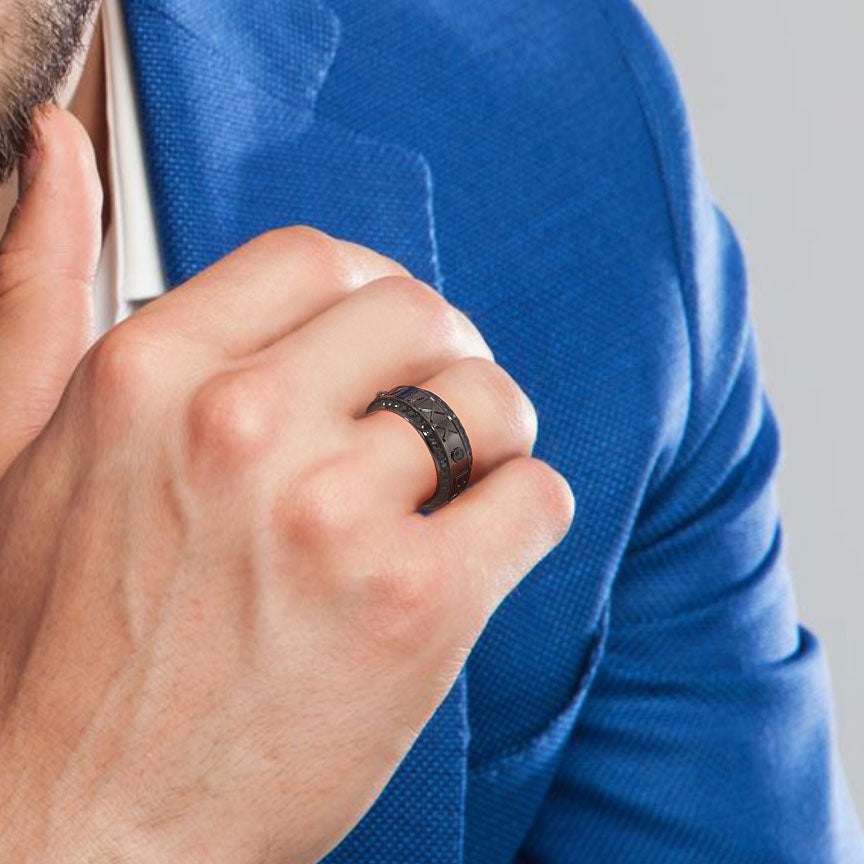 4.50ctw Custom Black Diamond Roman Numeral Men's Eternity Diamond Wedding Band 14k Black Gold