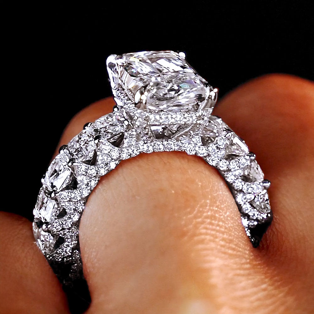 11.12ctw GIA Certified E-VVS2 Radiant Cut Micropavé Lucida Set Lab Grown Diamond Engagement Ring set in 14k White Gold