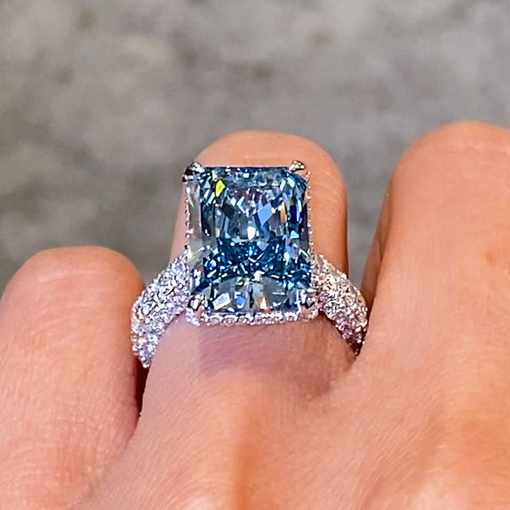 15.14ctw Fancy Blue Radiant Cut 3D Micropavé Cathedral Lab Grown Diamond Engagement Ring set in 14k White Gold