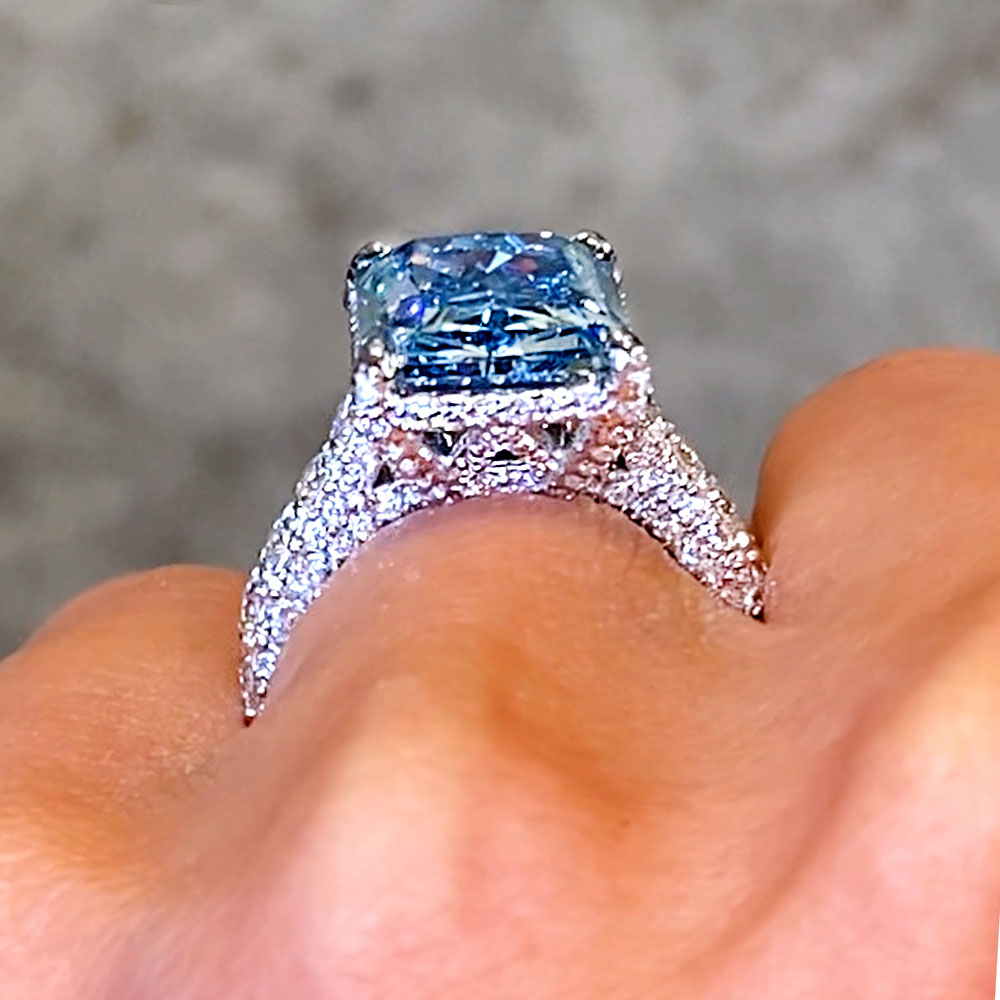 15.14ctw Fancy Blue Radiant Cut 3D Micropavé Cathedral Lab Grown Diamond Engagement Ring set in 14k White Gold