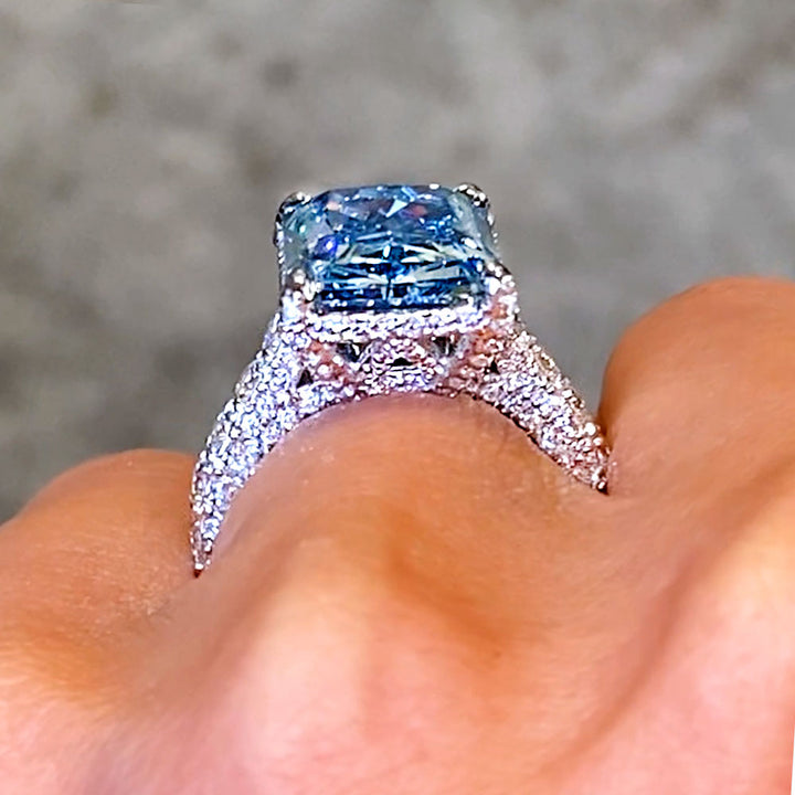 15.14ctw Fancy Blue Radiant Cut 3D Micropavé Cathedral Lab Grown Diamond Engagement Ring set in 14k White Gold