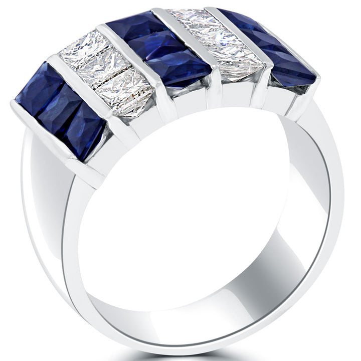 5.00ctw Blue Sapphire & NAtural Diamond Princess Cut Diamond Wedding Band Ring 14k