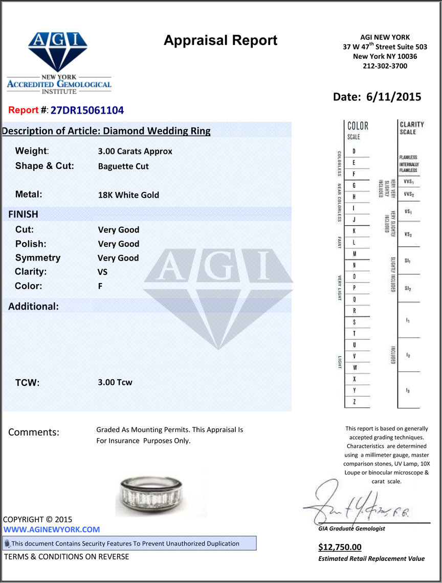 3.00ctw F-VS Natural Emerald Cut Diamond Wedding Band Anniversary Ring 18k White Gold