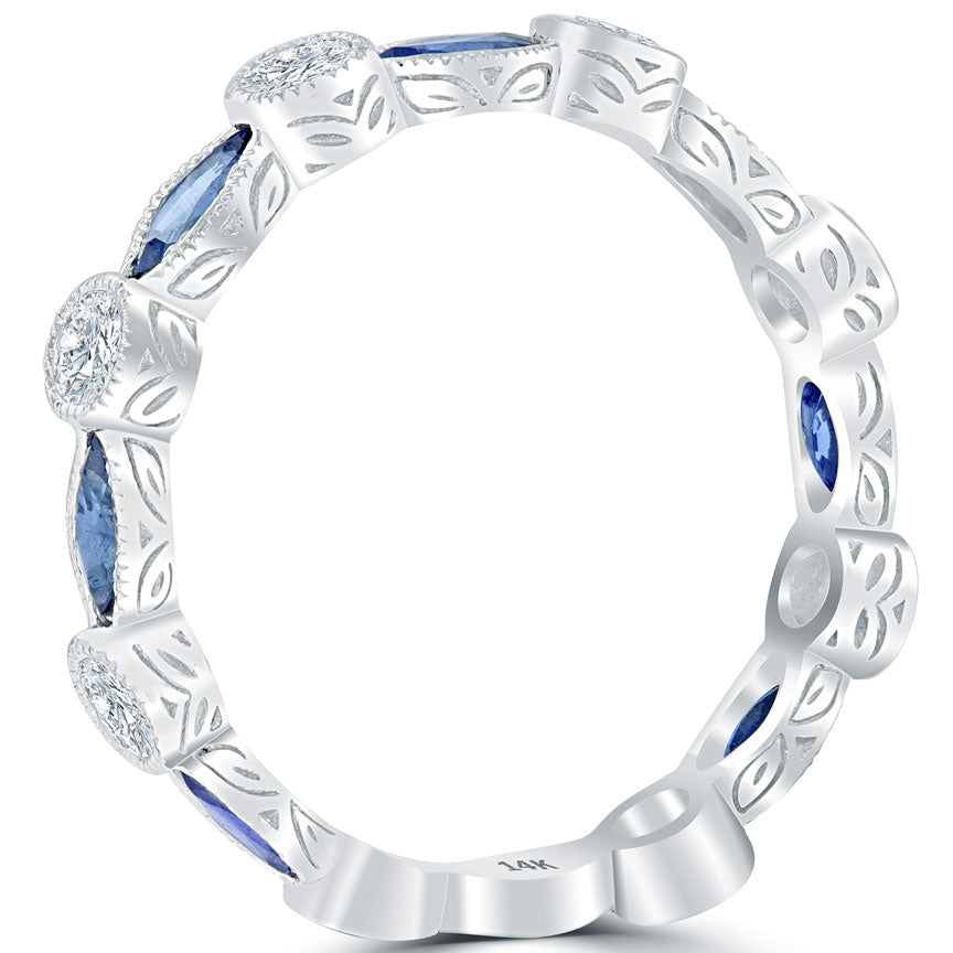 1.55ctw Genuine Blue Sapphire & Natural Diamond Wedding Band Anniversary Ring 14k Gold