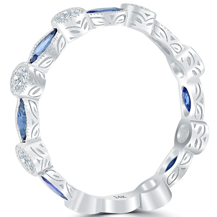 1.55ctw Genuine Blue Sapphire & Natural Diamond Wedding Band Anniversary Ring 14k Gold