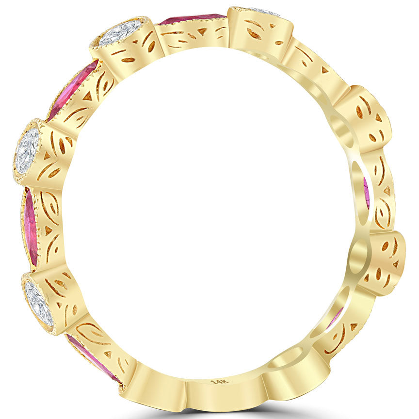 1.55ctw Genuine Ruby & Natural Diamond Wedding Band Anniversary Ring 14k Yellow Gold