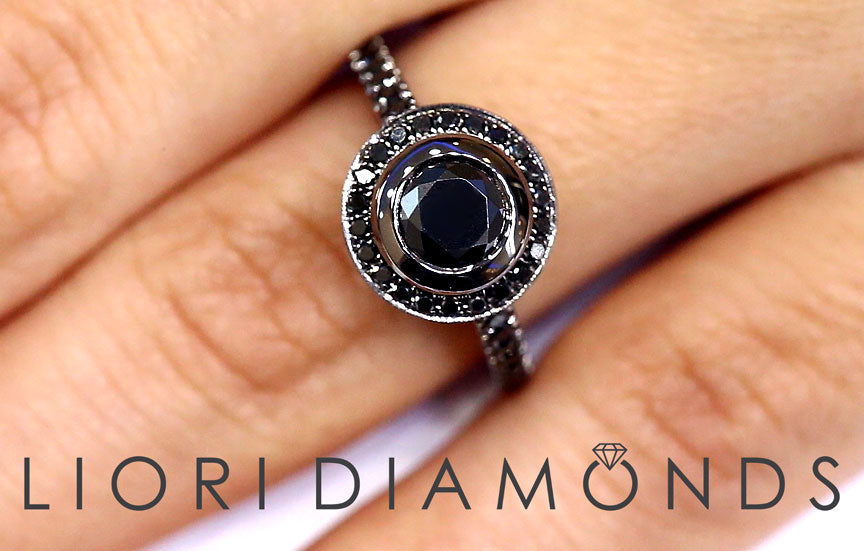 1.32ctw Natural Black Diamond Engagement Ring 18k Black Gold Vintage Style