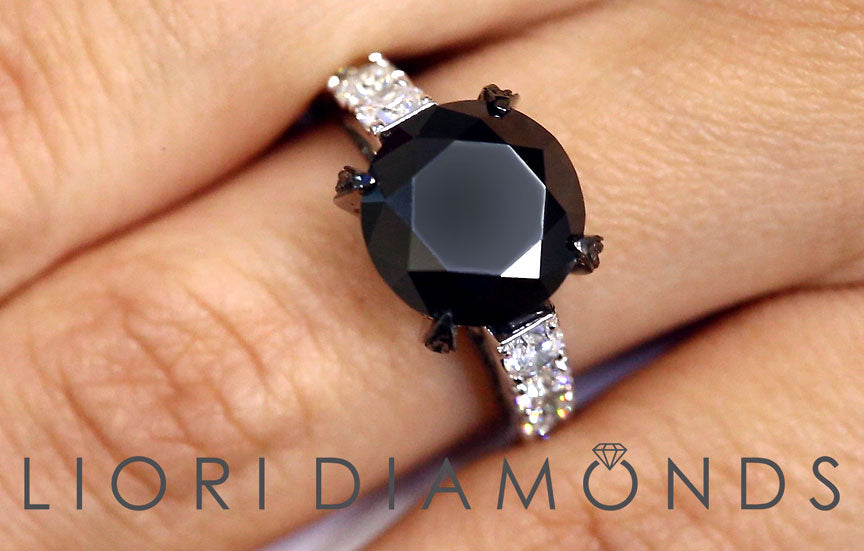 6.05ctw Certified Natural Black Diamond Engagement Ring set in 14k White Gold