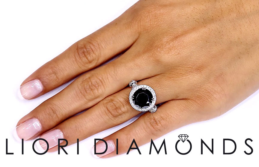 5.06ctw Certified Black Diamond Engagement Ring Pave Halo 18k White Gold