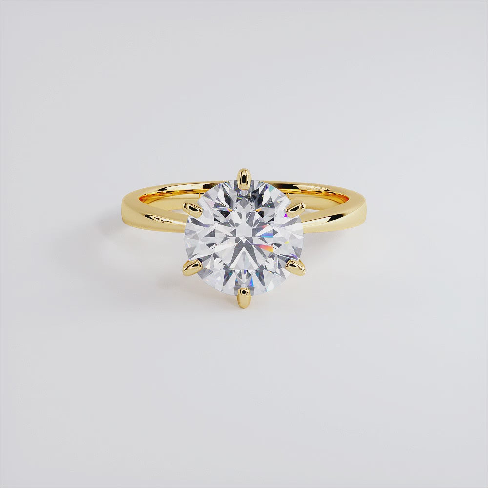3.00ct GIA Certified F-VS2 Round Brilliant Petite Tapered 6 Prong Solitaire Lab Grown Diamond Engagement Ring set in 14k Yellow Gold