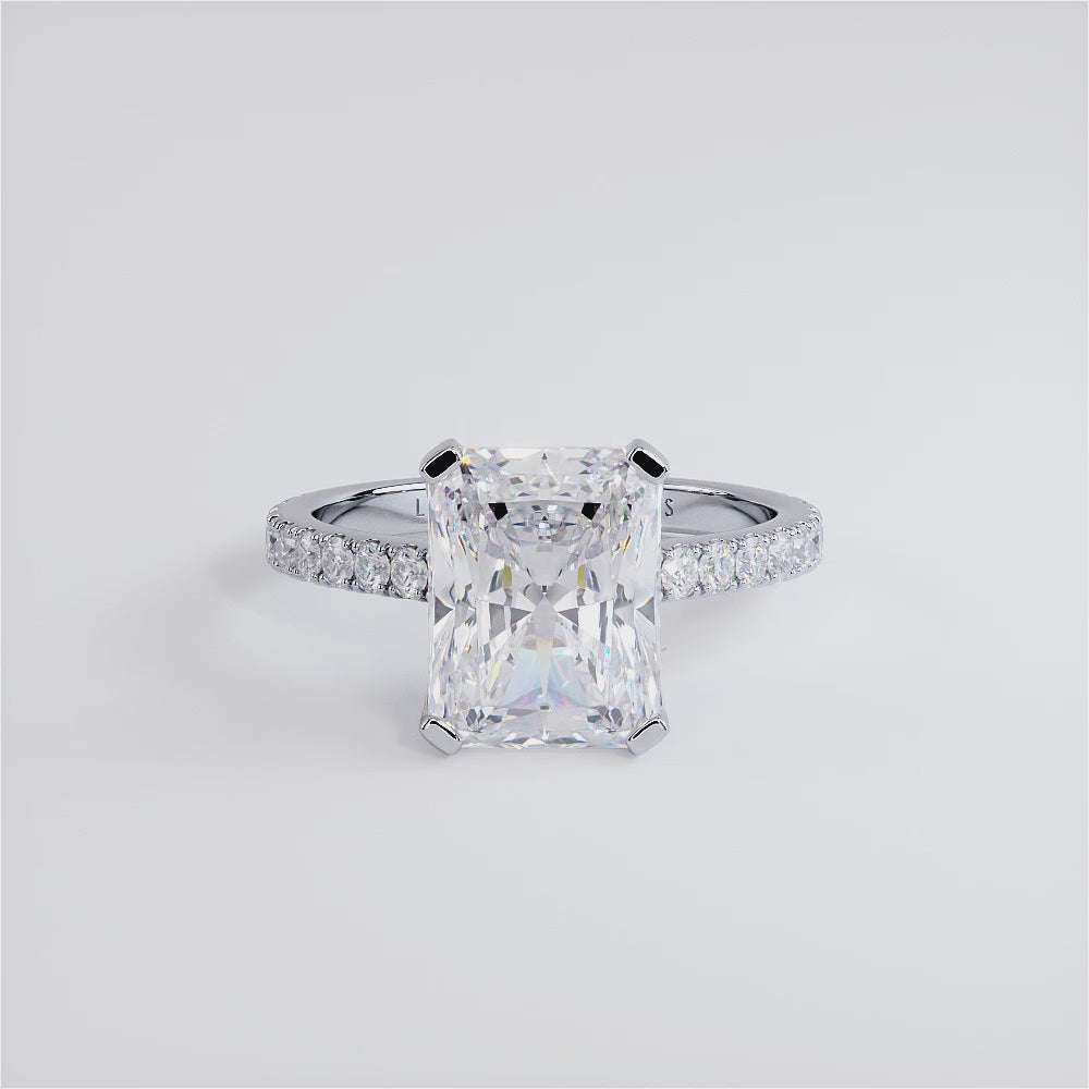 4.92ctw GIA Certified E-VVS2 Radiant Cut Petite Micro Prong Lab Grown Diamond Engagement Ring set in 14k White Gold