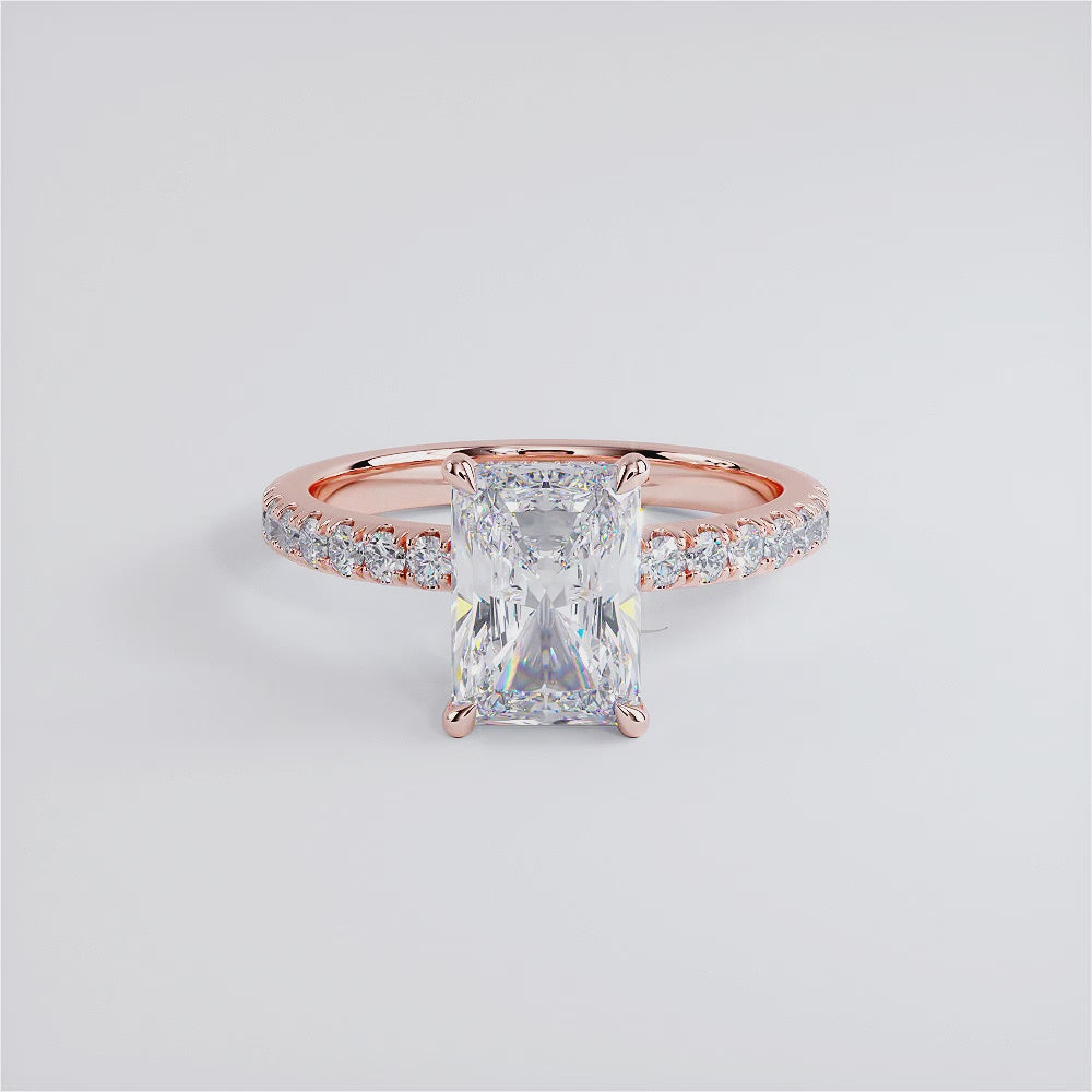 2.55ctw GIA Certified E-VS1 Radiant Cut Under Halo Petite Micropavé Lab Grown Diamond Engagement Ring set in 14k Rose Gold