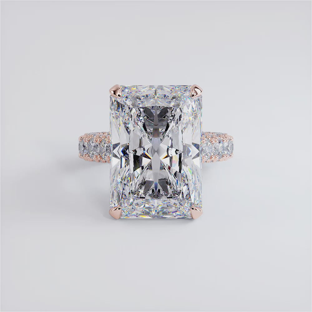 19.72ctw F-VS1 Radiant Cut 3D Micropavé Cathedral Lab Grown Diamond Engagement Ring set in 14k Rose Gold