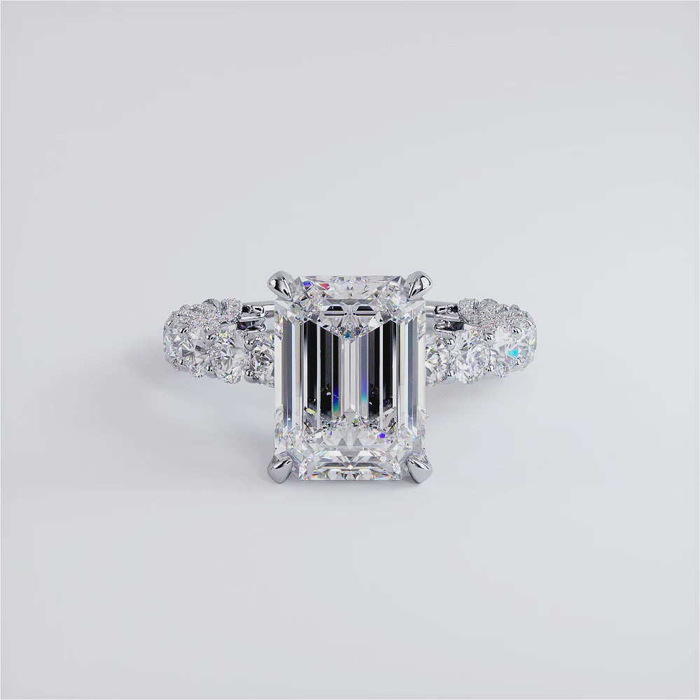 8.29ctw E-VVS2 Emerald Cut Micropavé Lucida Setting Lab Grown Diamond Engagement Ring set in 14k Platinum