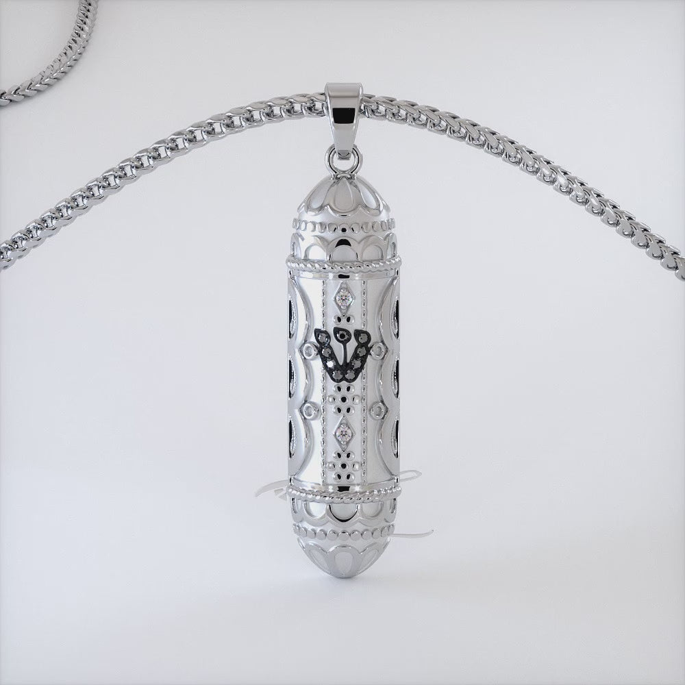 14K White Gold Mezuzah Diamond Pendant Judaica Charm Pendant