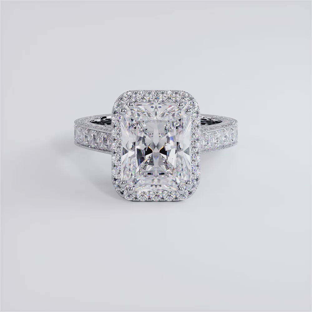 5.89ctw GIA Certified E-VVS2 Radiant Cut Halo Micropavé Vintage Style Lab Grown Diamond Engagement Ring set in 14k White Gold